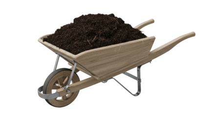 Rustic wooden wheelbarrow filled with dark rich soil and organic matter isolated on a transparent background