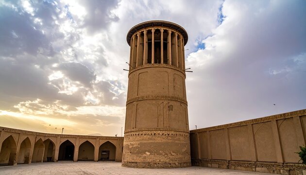 Tall tower with columns, building, and sky - Powered by Adobe