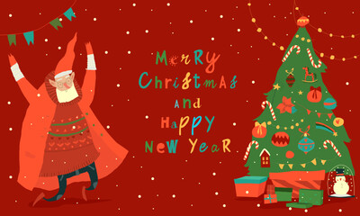 Santa Claus jumping near Christmas Tree