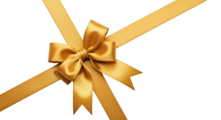 Shiny golden satin ribbon tied in a bow with tails against a background isolated on a transparent background