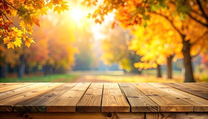 Autumn landscape with wooden table and colorful foliage