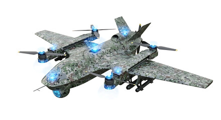 A futuristic military drone with camouflage design and glowing blue lights.