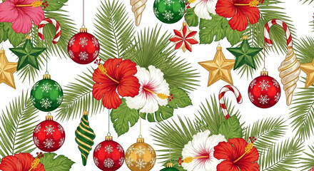 Tropical pattern background with flowers candy canes holiday ornaments