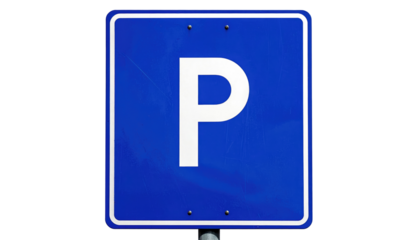 Close-up of a blue square road sign with a white "P" indicating a parking area. The sign is mounted outdoors