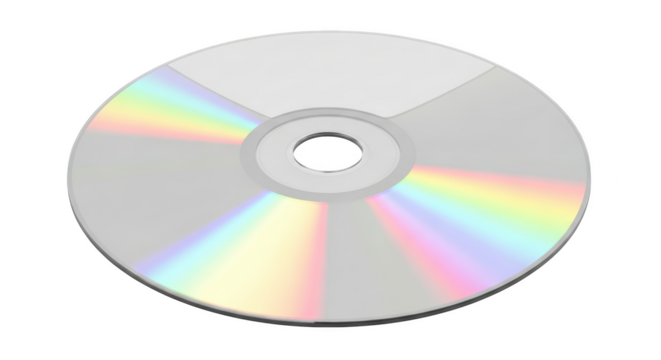 Silver C D disc with rainbow spectrum reflections and blank white label area isolated on a transparent background