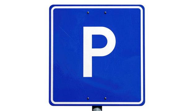 Close-up of a blue square road sign with a white "P" indicating a parking area. The sign is mounted outdoors