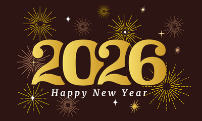 Happy New Year 2026 design with typography number on fireworks vector background and 2026 fireworks card, happy New Year logo, gold design