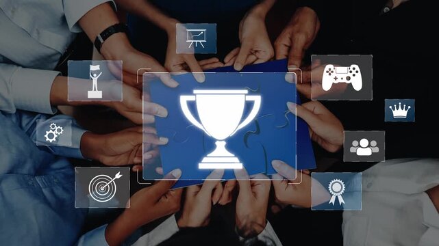 A vibrant image of many hands holding a central trophy, symbolizing teamwork and achievement, surrounded by digital icons that enhance the theme of success and collaboration. Raster