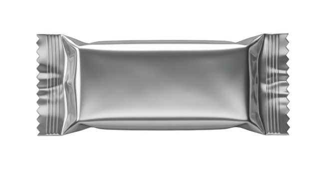 Silver foil candy bar wrapper with crimped edges and reflections isolated on a transparent background