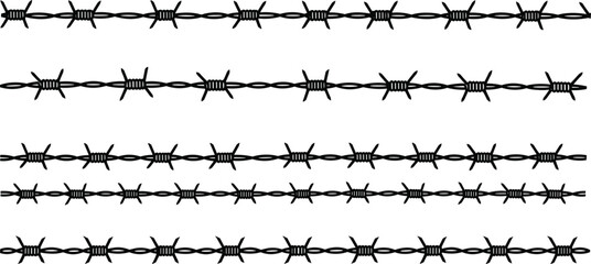 Barbed wire strands, twisted metal, sharp barbs, horizontal fencing, security barrier, steel wire, protection line, danger symbol, silhouette design