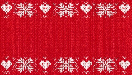 Seamless Christmas Knitted Pattern Border on Red Background with White Snowflakes and Hearts, Ugly Sweater Texture