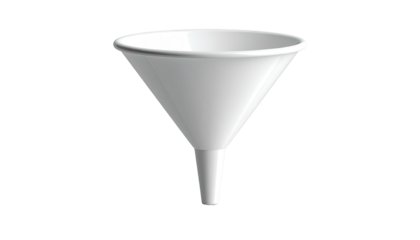 A white funnel with a wide mouth and narrow spout, isolated against a black backdrop