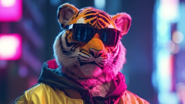 Tiger mascot wearing sunglasses in a neon-lit city, metallic jacket, hoodie, vibrant dusk! tonight
