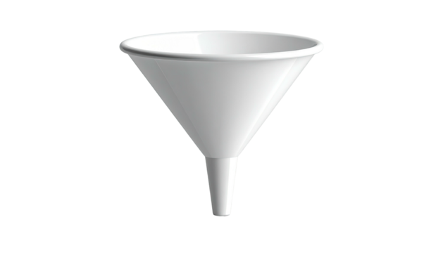 A white funnel with a wide mouth and narrow spout, isolated against a black backdrop - Powered by Adobe