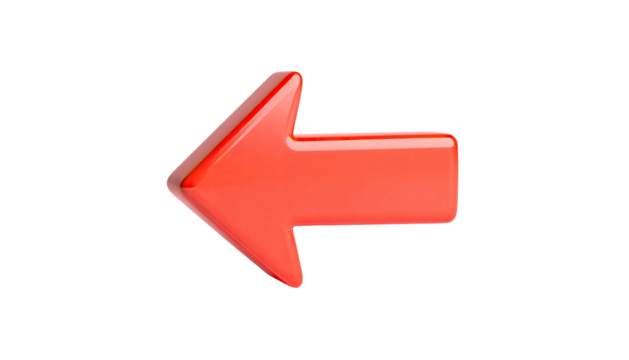 A glossy, red arrow pointing left, against a stark black background