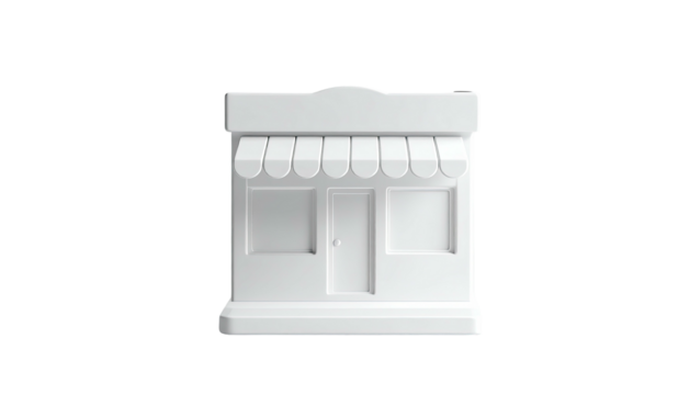 A 3D-rendered white store icon isolated on a black background, with shadow detail