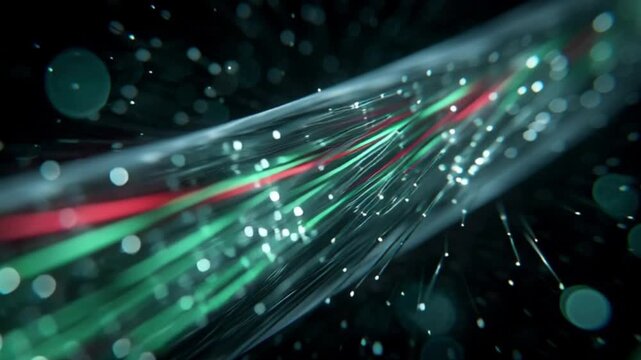 Fiber optic cable showcasing data transmission with bright light particles and advanced technology