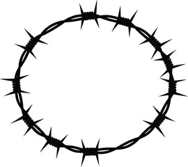 Circular barbed wire, sharp metal ring, twisted strands, security symbol, danger loop, protective barrier, black silhouette, confinement design, vector illustration