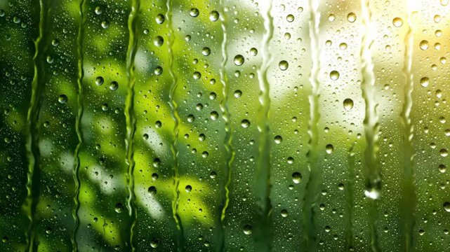 Rain droplets on glass with green foliage background and sun glow