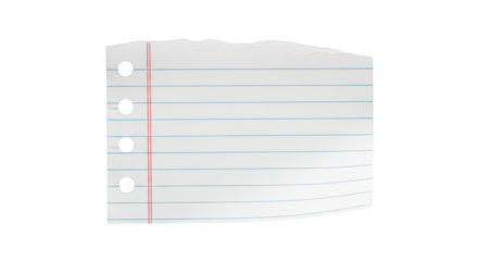 Torn white lined paper with three hole punches and a red margin line isolated on a transparent background