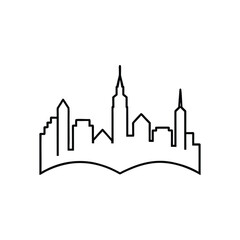 Fototapeta premium Cityscape on Open Book Logo. Minimalist line art illustration of a city skyline rising from the pages of a textbook. Concept for urban knowledge, education, or metropolitan library.