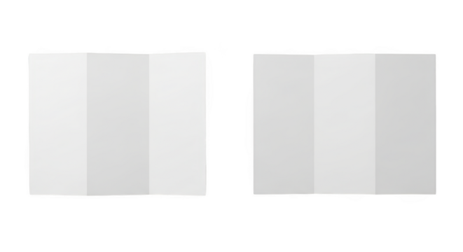 Two blank white tri-fold brochures side by side isolated on a transparent background paper folded