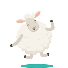 Happy cartoon sheep with fluffy white wool joyfully jumping with eyes closed and a gentle smile on a clean white background illustrating a feeling of pure bliss and carefree movement in a simplified