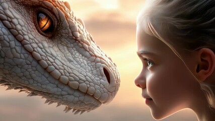 Peaceful meeting between an enormous albino dinosaur and a young girl, sharing a gentle, wonder filled moment of eye contact that captures innocence, trust, and magical friendship
