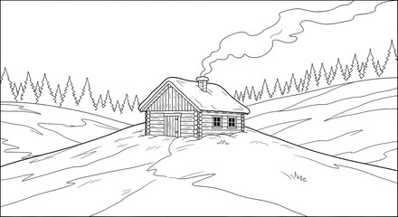 Black and white cartoon of a remote cabin in a winter scene