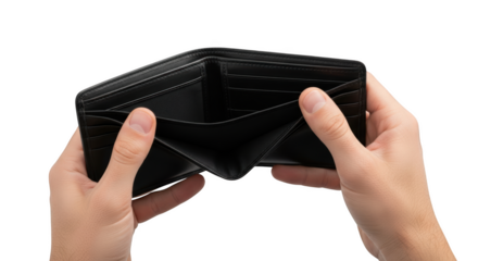 Two hands holding open an empty leather bifold wallet showing card slots isolated on a transparent background