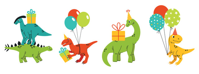 Birthday collection with dinosaurs. Colorful vector illustrations for kids' celebrations, invitations and festive decor.