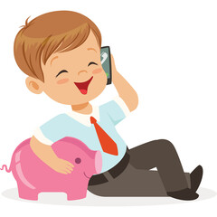 Happy boy in blue shirt and red tie talks on phone holding pink piggy bank with joy sitting on the floor with transparent background