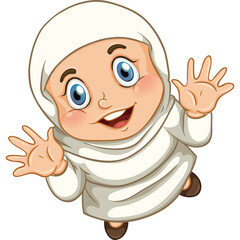 Happy Cartoon Girl Wearing White Hijab And Dress Waving Both Hands With Blue Eyes And Smiling Face Isolated On Transparent Background