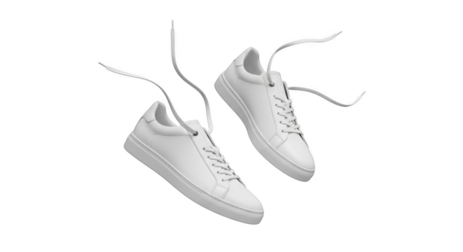 Two white leather low top sneakers with white laces floating against a background isolated on a transparent background