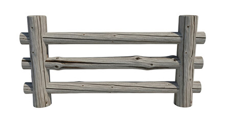 Weathered gray wooden log fence section with three horizontal rails and two vertical posts isolated on a transparent background