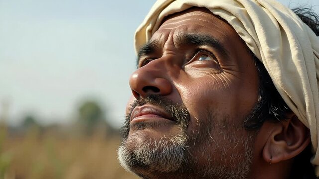 Hopeful Indian Farmer Looks to Sky for Rain: A Weathered Face Tells a Story of Anticipation and Resilience in 4K Video Footage