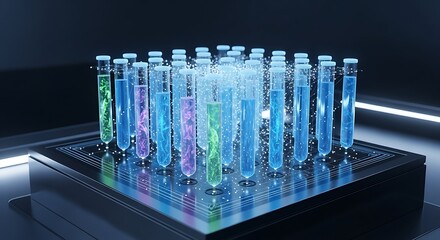 Cutting-edge scientific research concept featuring vibrant test tubes with swirling liquids, perfect for biotech, pharmaceutical, and advanced medical technology marketing