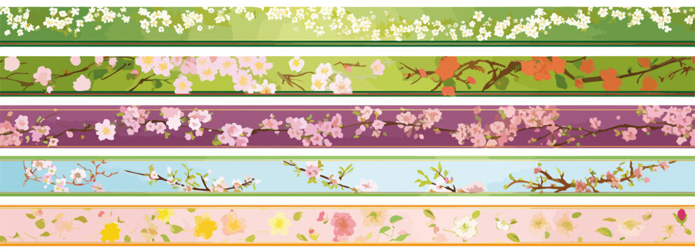Colecci&oacute;n de bordes decorativos vectoriales con delicados motivos florales de primavera, ideales para dise&ntilde;os de papeler&iacute;a y eventos especiales.