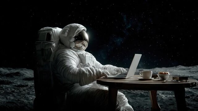 An astronaut wearing a spacesuit, working on a laptop on a lunar surface with a table and a coffee cup