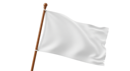 White fabric flag waving on a wooden pole with rounded top isolated on a transparent background image