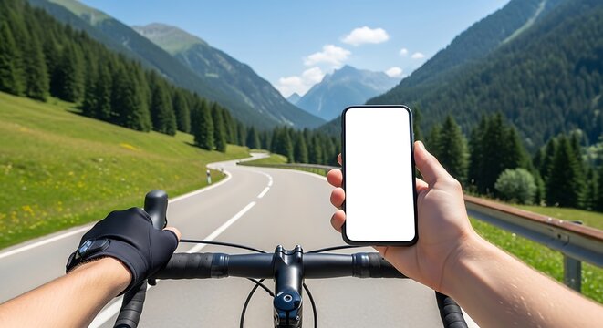 Cyclist holding phone on mountain road hand