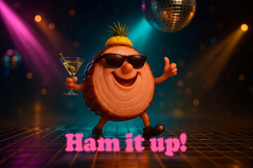 Cute 3D ham character dancing on a disco floor with neon text