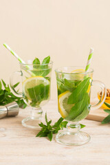 Mojito cocktail. Refreshing mojito cocktail with lime, lemon and mint in a tall glass with a stick