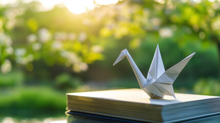 Origami crane on book in garden with warm sunlight