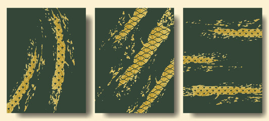 Japanese Grunge Poster with Traditional Pattern Texture – Abstract Gold on Dark Green Design