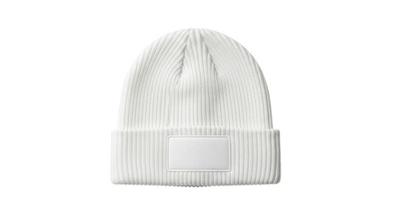 White ribbed knit beanie with blank rectangular patch for customization isolated on a transparent background