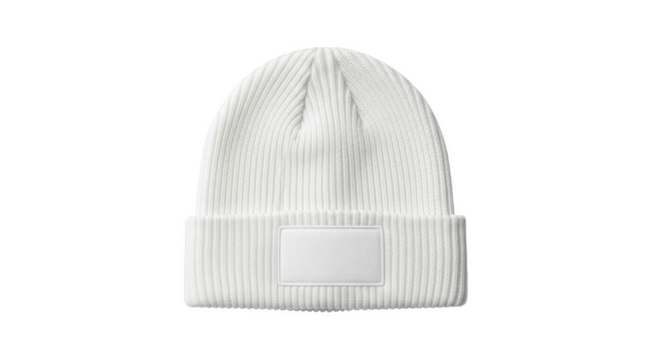White ribbed knit beanie with blank rectangular patch for customization isolated on a transparent background
