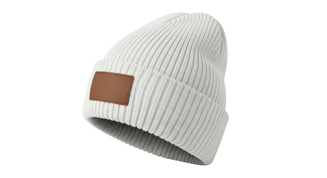 White ribbed knit beanie with brown leather patch isolated on a transparent background winter hat knit hat