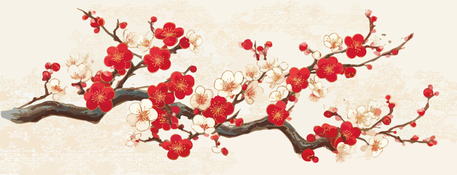 Rama de cerezo en flor con p&eacute;talos rojos y blancos sobre fondo claro, estilo oriental