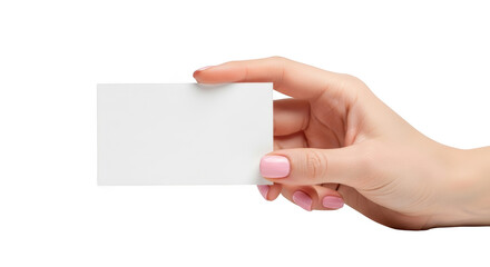 Obraz premium Woman's hand holding a blank white business card with pink painted fingernails isolated on a transparent background